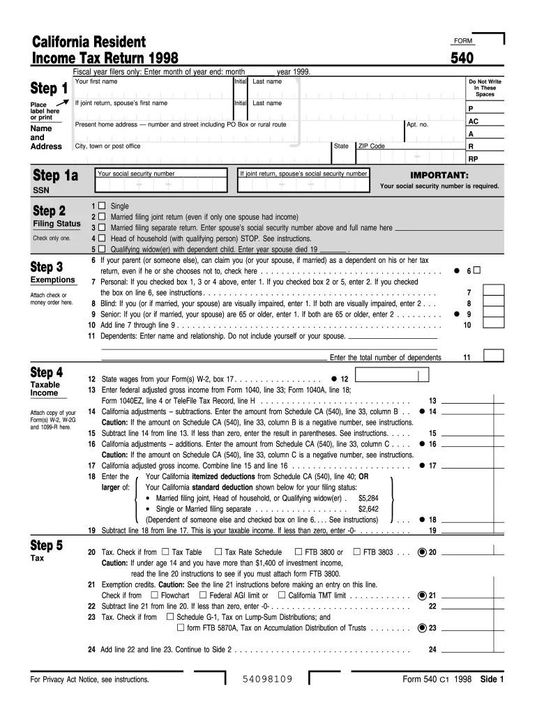 1998 Form CA FTB 540 Fill Online, Printable, Fillable, Blank