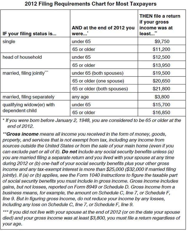 2012 tax filing requirements
