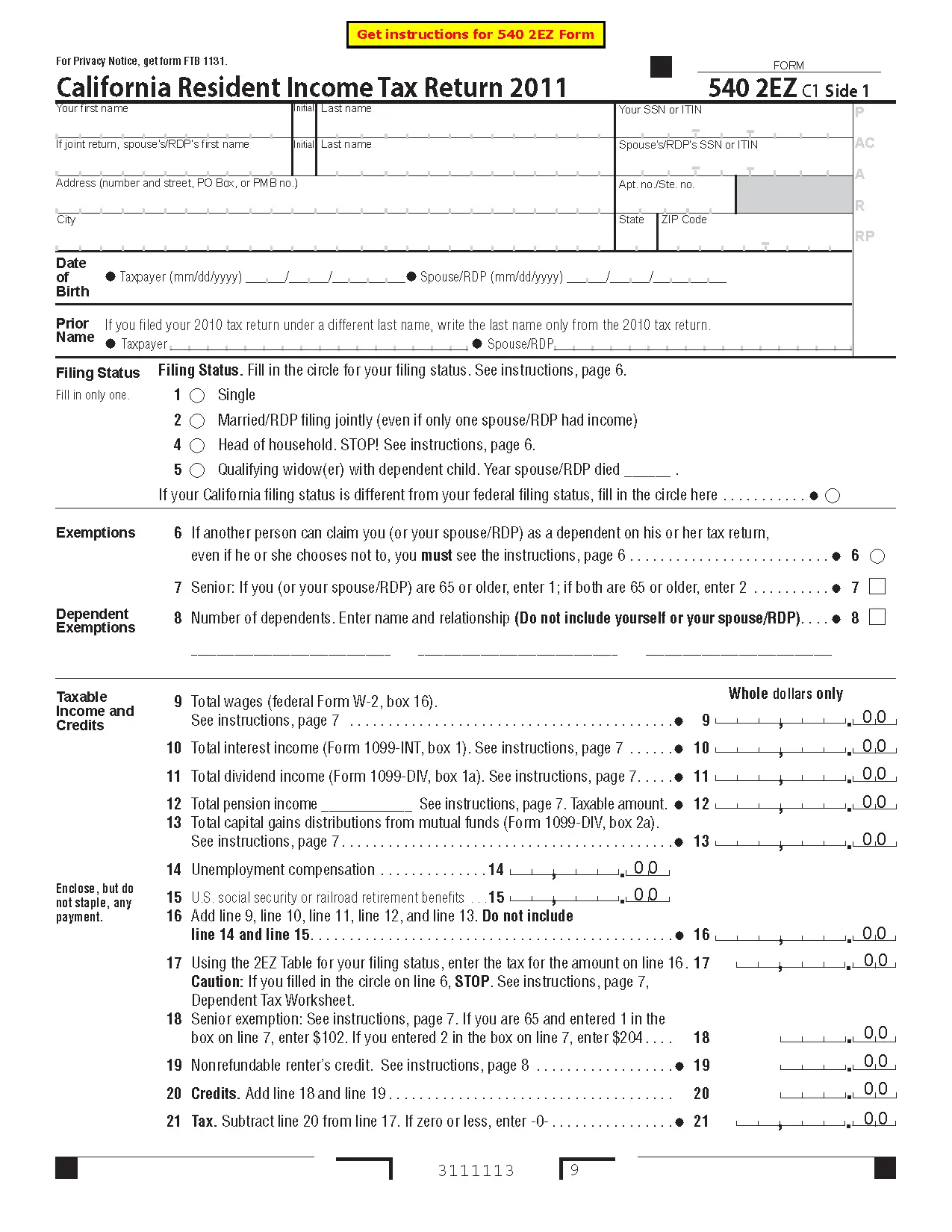 540 2EZ Form California Resident Income Tax Return