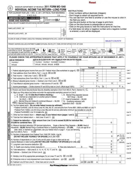 Fillable Form Mo 1040 Individual Income Tax Return