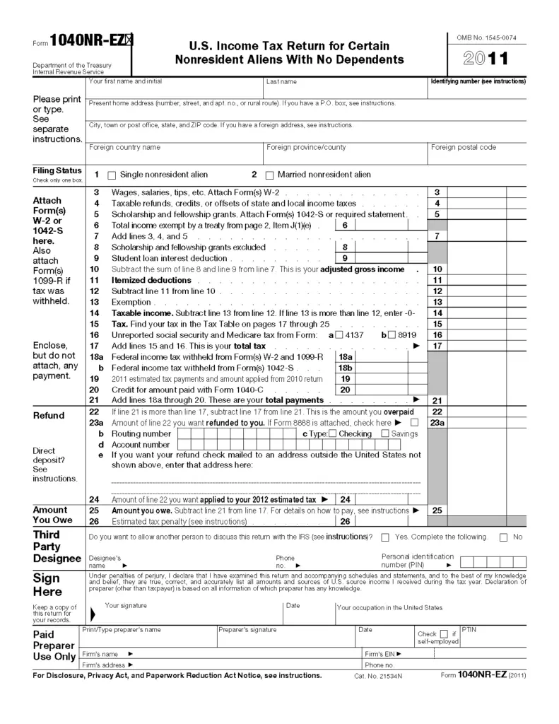 Form 1040 NR EZ U S Income Tax Return For Certain