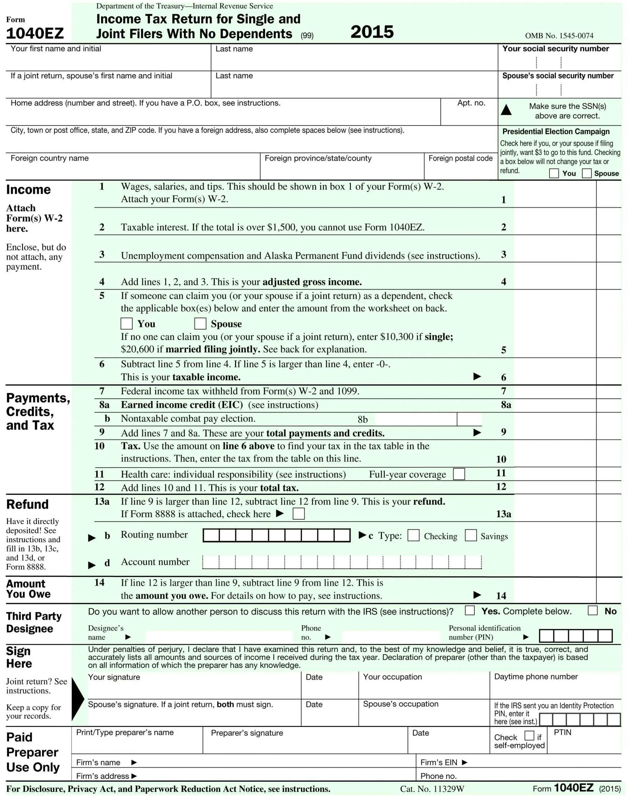 Form 1040EZ, Income Tax Return for Single and Joint Filers With No ...
