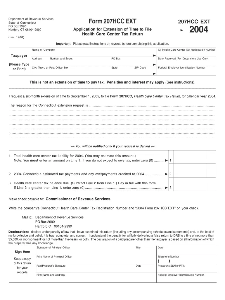 Form 207HCC EXT, Application For Extension Of Time To File ...