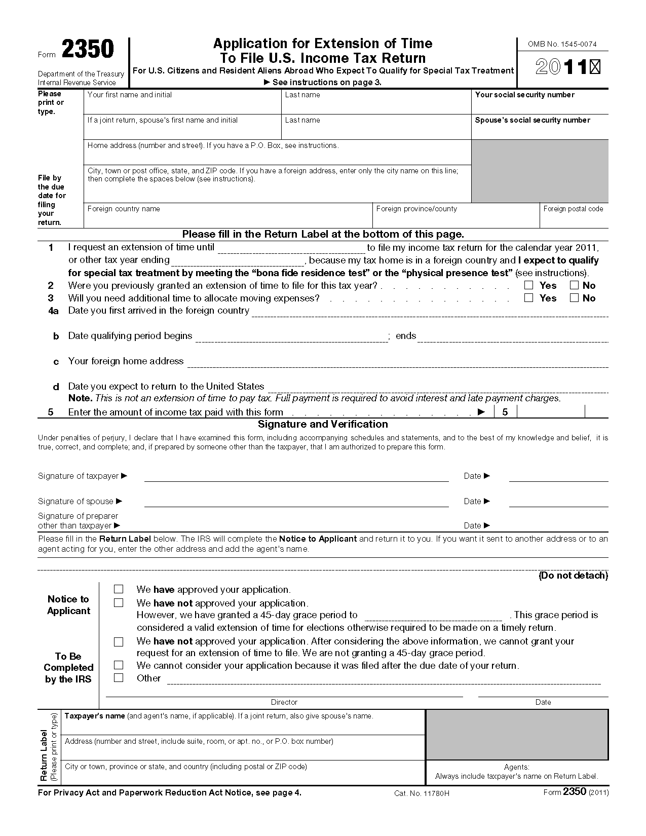 Form 2350 Application for Extension of Time to File U.S. Income Tax Return
