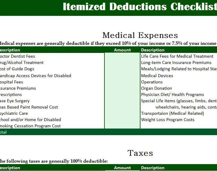 Itemized Deductions Checklist