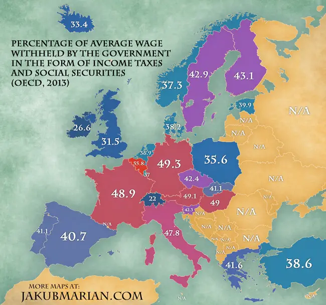 Map of income taxes and social security contributions by country in Europe