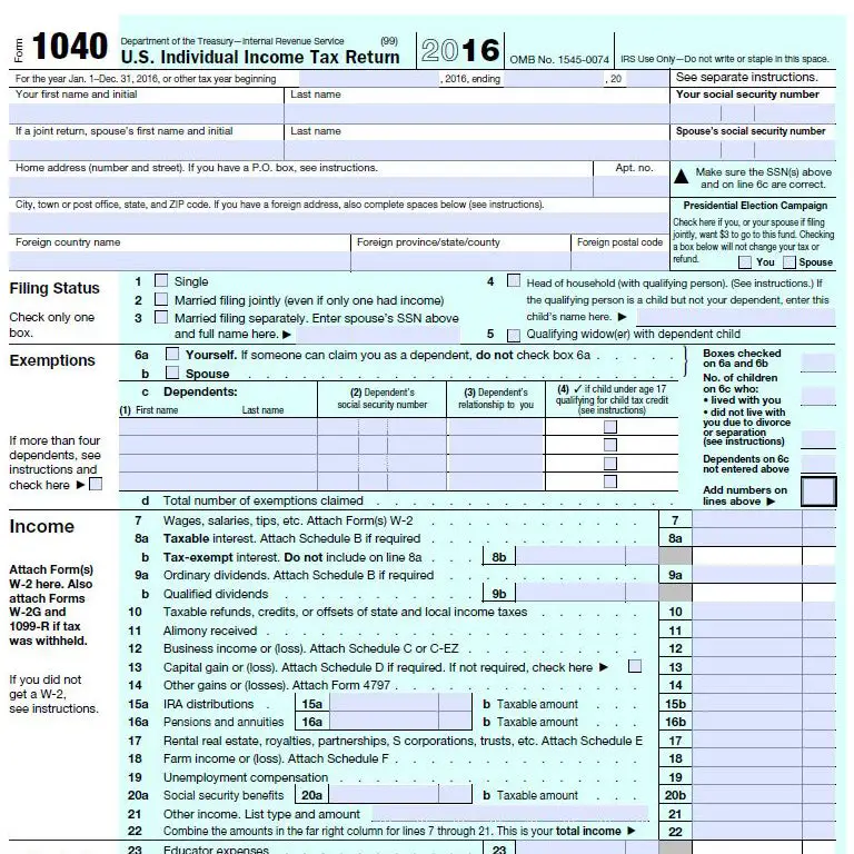 Sample income tax return 1040