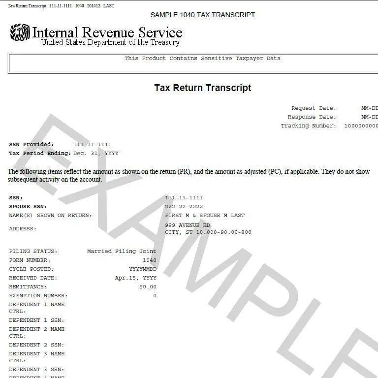 Sample Tax Return Transcript 1040