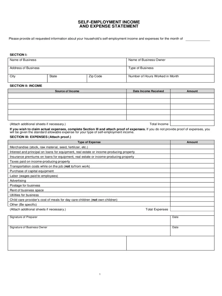 Self Employment Income Form