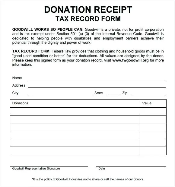 Tax Deductible Donation Receipt Template